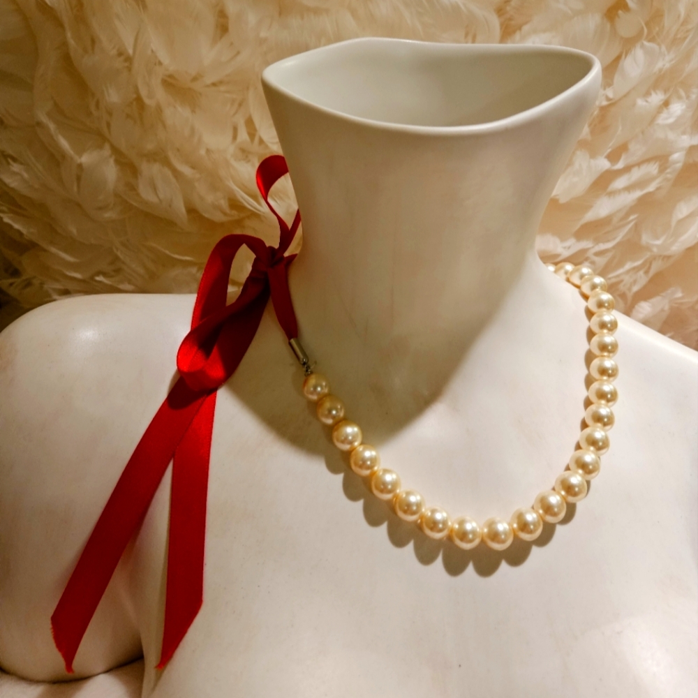 Faux Pearl Necklace with Red Ribbon Tie